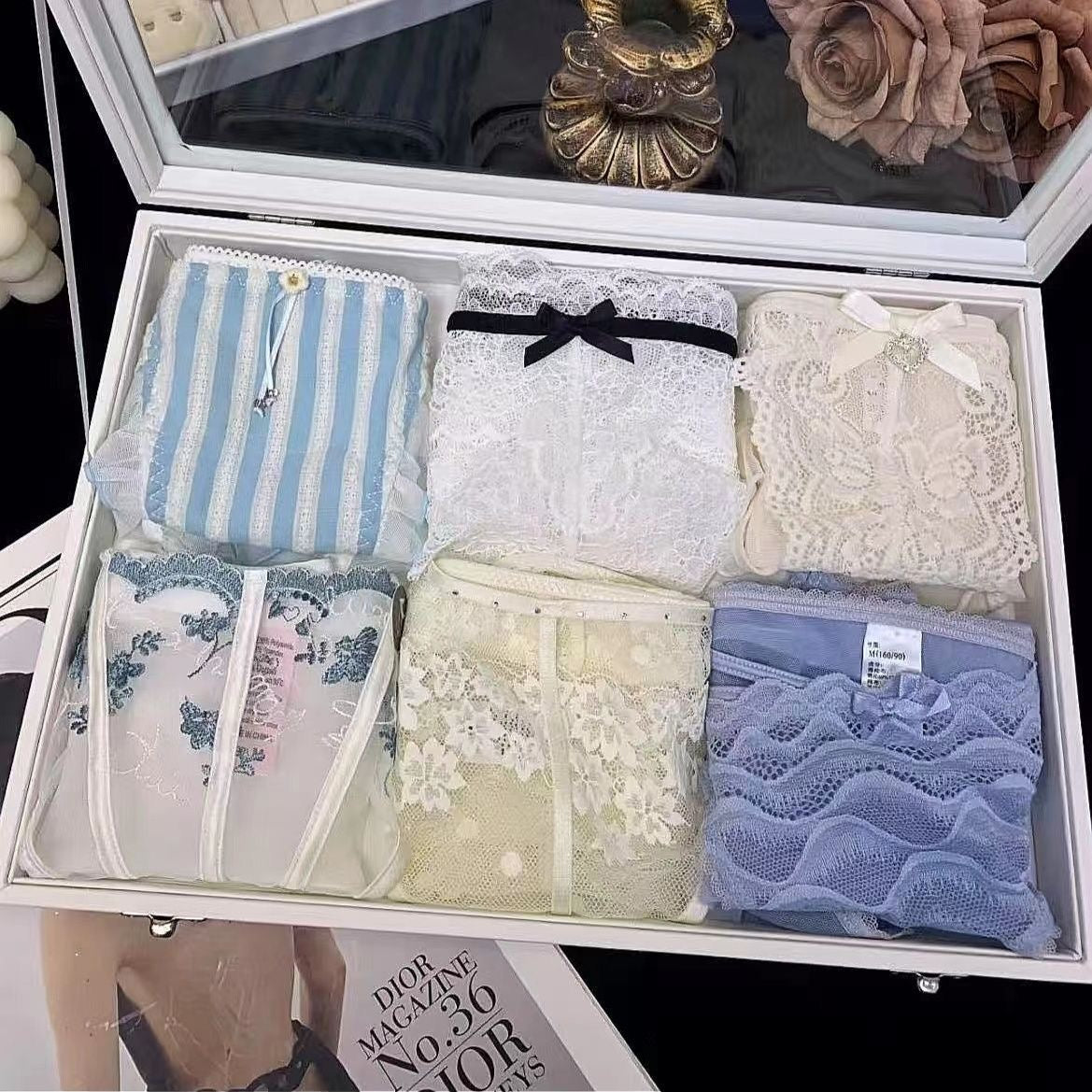 Hochwertige, leichte, luxuriöse schwarze Spitze, sexy und verführerische Unterwäsche, Dreieckshosen aus reiner Baumwolle, Schlitzhosen (einschließlich 8 Paar)