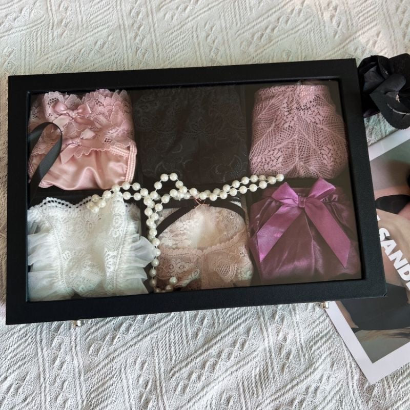 Hochwertige, leichte, luxuriöse schwarze Spitze, sexy und verführerische Unterwäsche, Dreieckshosen aus reiner Baumwolle, Schlitzhosen (einschließlich 8 Paar)
