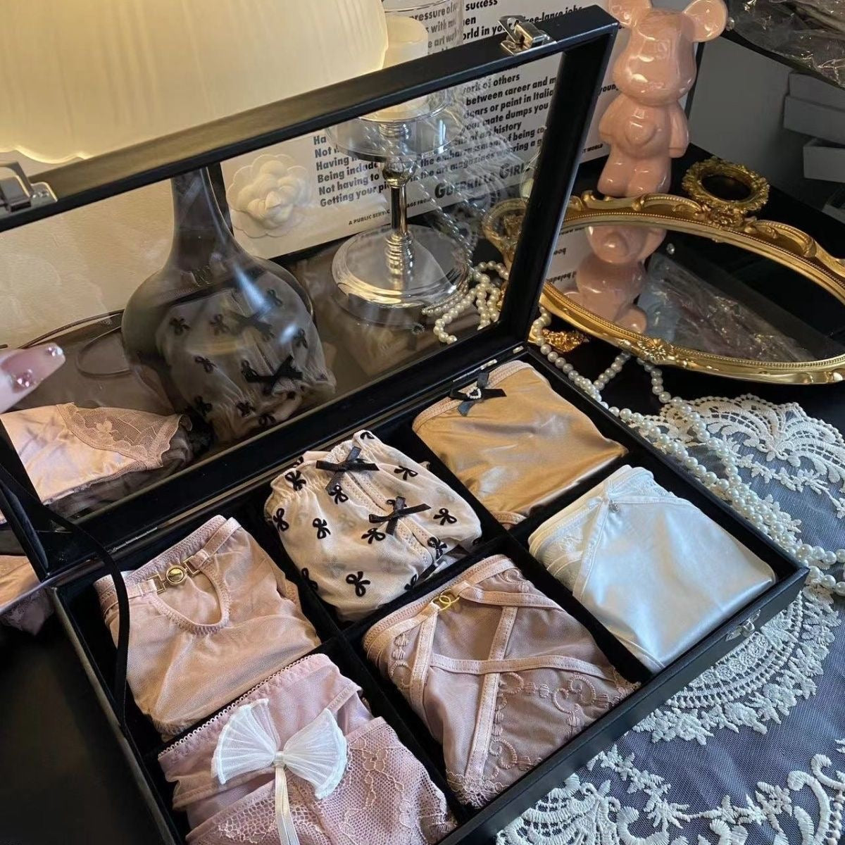 Hochwertige, leichte, luxuriöse schwarze Spitze, sexy und verführerische Unterwäsche, Dreieckshosen aus reiner Baumwolle, Schlitzhosen (einschließlich 8 Paar)