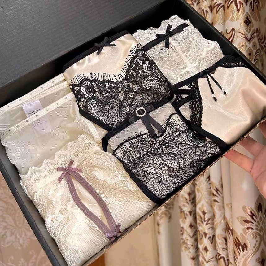 Hochwertige, leichte, luxuriöse schwarze Spitze, sexy und verführerische Unterwäsche, Dreieckshosen aus reiner Baumwolle, Schlitzhosen (einschließlich 8 Paar)