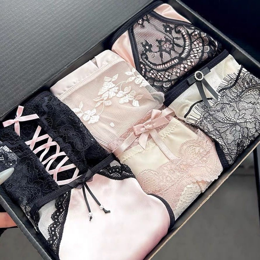 Hochwertige, leichte, luxuriöse schwarze Spitze, sexy und verführerische Unterwäsche, Dreieckshosen aus reiner Baumwolle, Schlitzhosen (einschließlich 8 Paar)